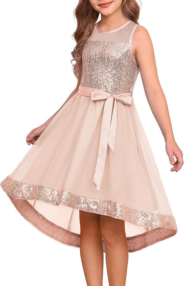 Girls Sequin Party Formal Dress Wedding Guest Sparkle Fancy Birthday Tulle High Low Prom Dresses
