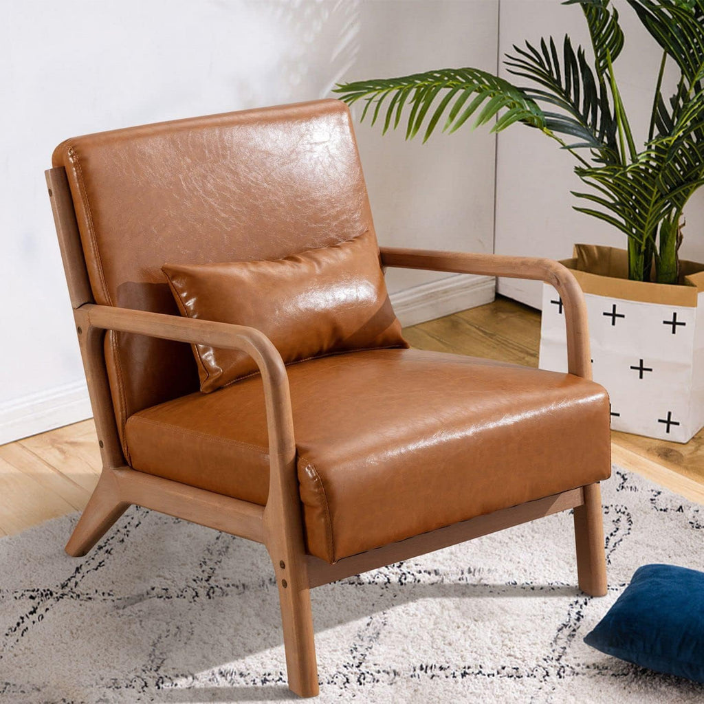 Mid Century Modern Accent Chair with Wood Frame, PU Leather Reading Armchair with Waist Cushion, Upholstered Living