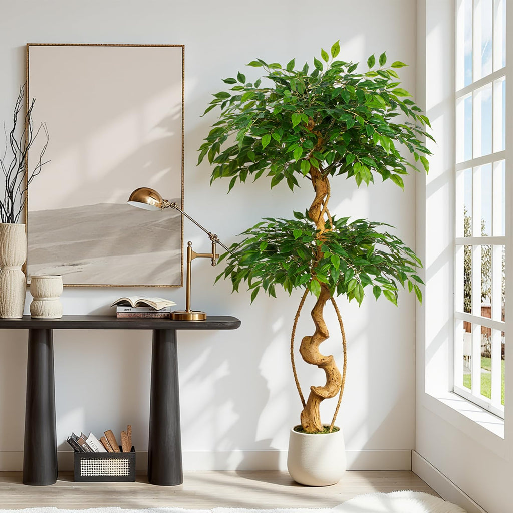 5ft Large Ficus Artificial Trees in White Pot, 60" Tall Fake Silk Tree with Natural Curved Trunk, Lush Faux Ficus