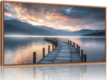 Sunset Lake Framed Canvas Wall Art, Dark Blue Mountain Landscape Art Paintings, Minimalist Wooden Pier Scenery