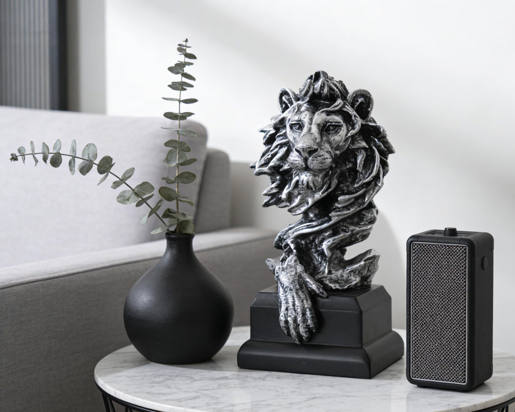 Lion Bust Sculpture with Matte Black Base 9 inch Metallic Silver, Abstract Design for Shelf Desk Office Decor, Gift