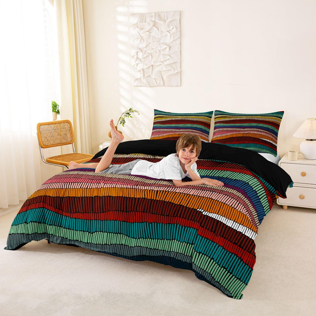Boho Duvet Cover Queen Bohemian Wavy Bedding Set Rainbow Embroidered Waves Comforter Cover Geometric Tribal Ethnic