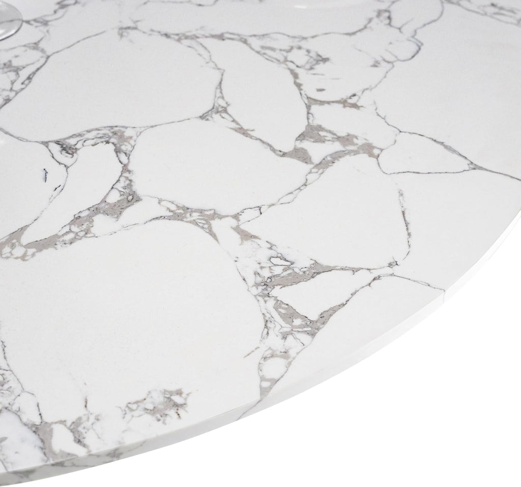 Sonya Modern Round Dining Table with Drum Base and Faux Marble Stone Top, Easy Assembly for Home, Kitchen and Living