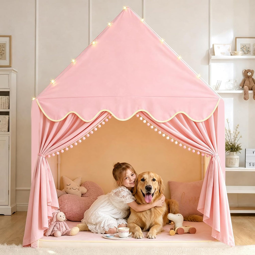 Large Kids Play Tent with Mat & Star Lights, Pink Princess Tent for Girl