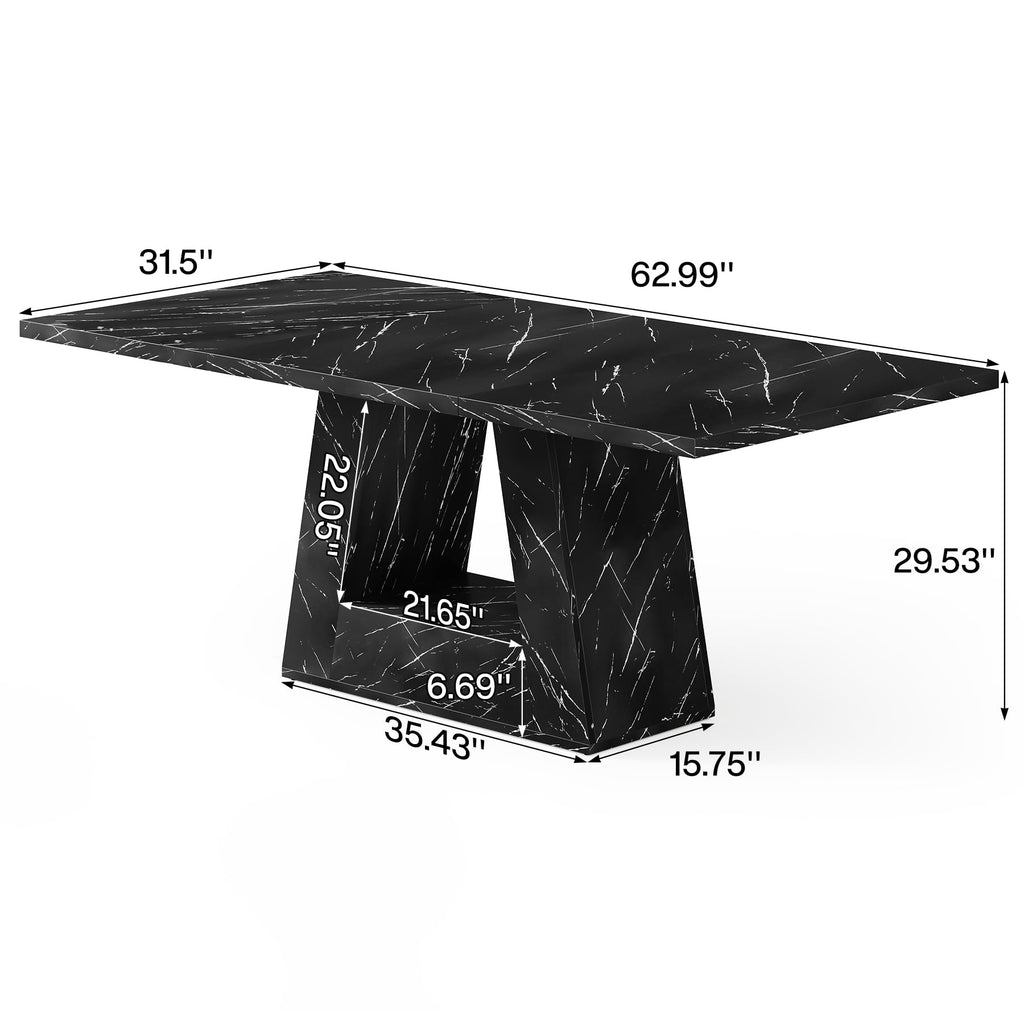 Inspired Saarinen Style Dining Table for 4-6 People, 63 Inches Dining Room Table with Wooden Triangle Pedestal Base, Black Faux Marble