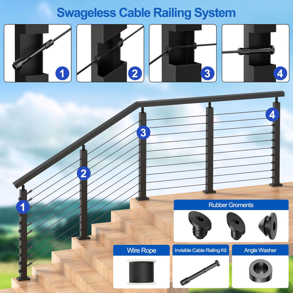 [Patent] 10 Pack 1/8" Black Swageless Invisible Cable Railing Kits