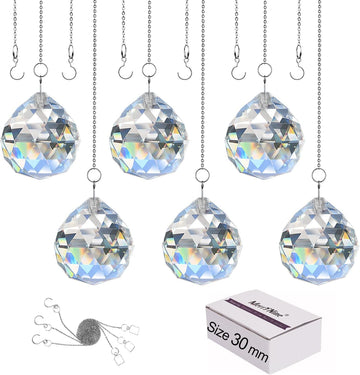 Clear Crystal Sun Catcher Suncatcher Prism Ball with Metal Chains - 6 Pack, 1.18"/30mm, Rainbow Pendant Maker