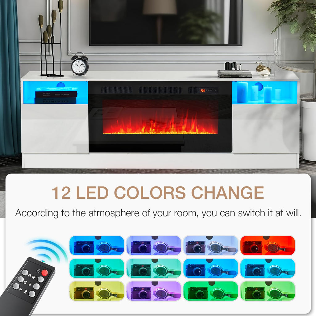 Fireplace TV Stand with 36" Electric Fireplace, LED Light Entertainment Center, Modern Wood Texture Highlight Storage