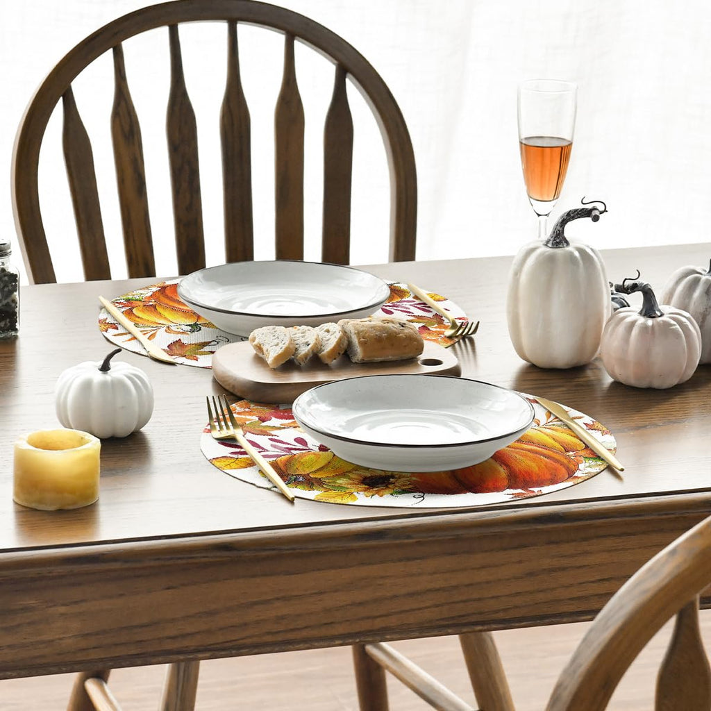 Pumpkins Maple Leaves Round Fall Placemats Set of 4-14 Inch