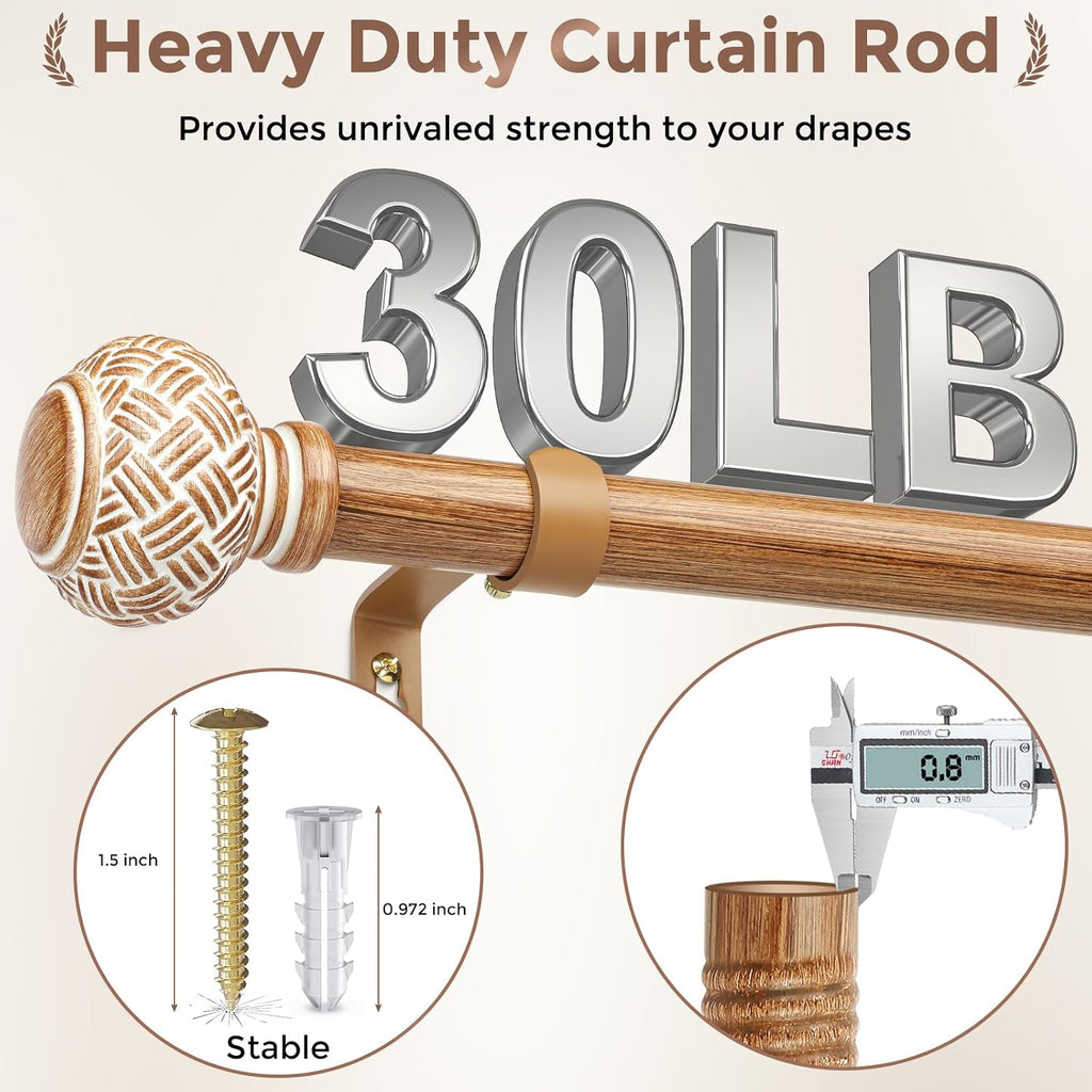 Boho Curtain Rods for Windows 48 to 84 Inches, Decorative 1'' Diameter Heavy Duty Adjustable Rustic Farmhouse Drapery