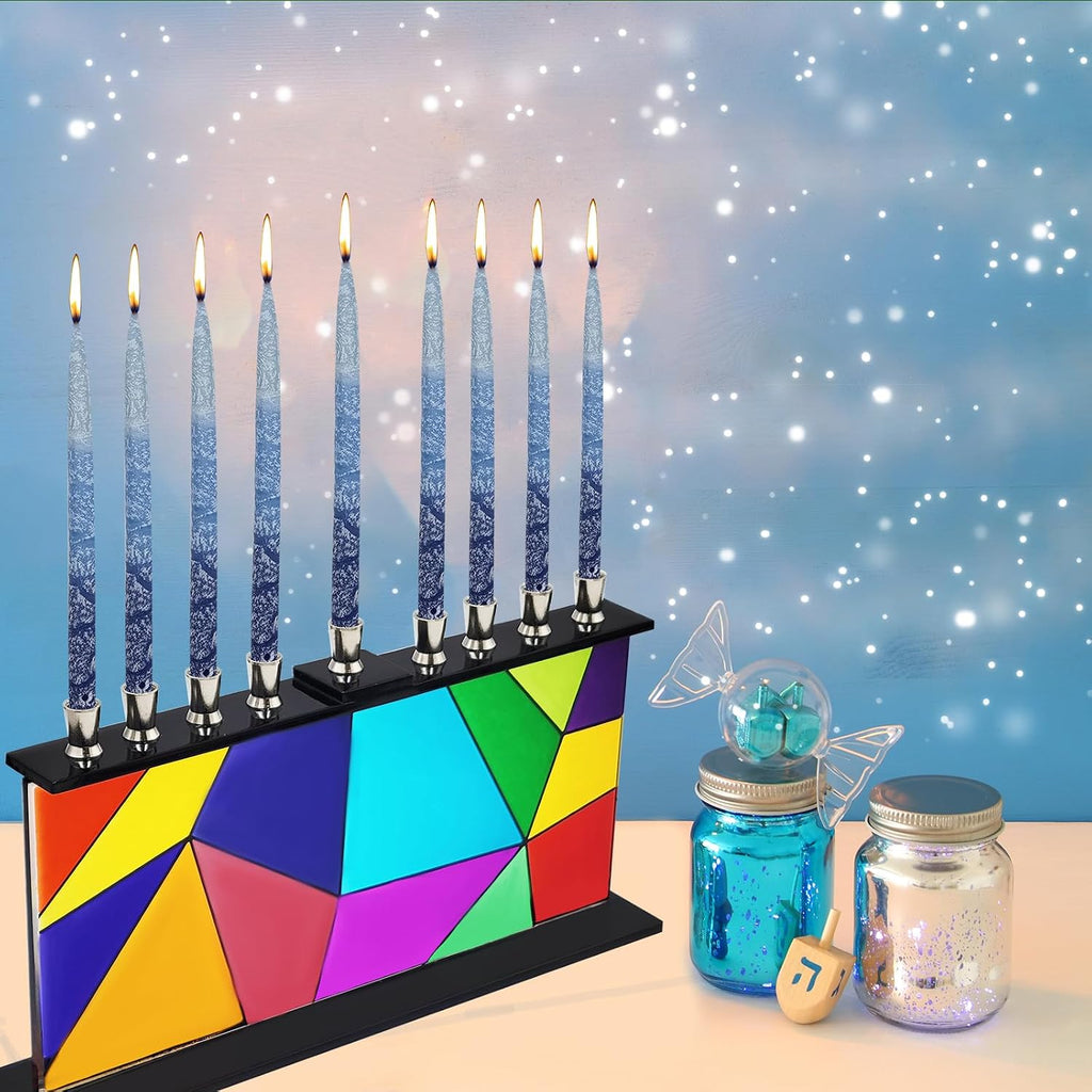 Geometric Design Glass Candle Hanukkah , Handcrafted Design, 11 Inch