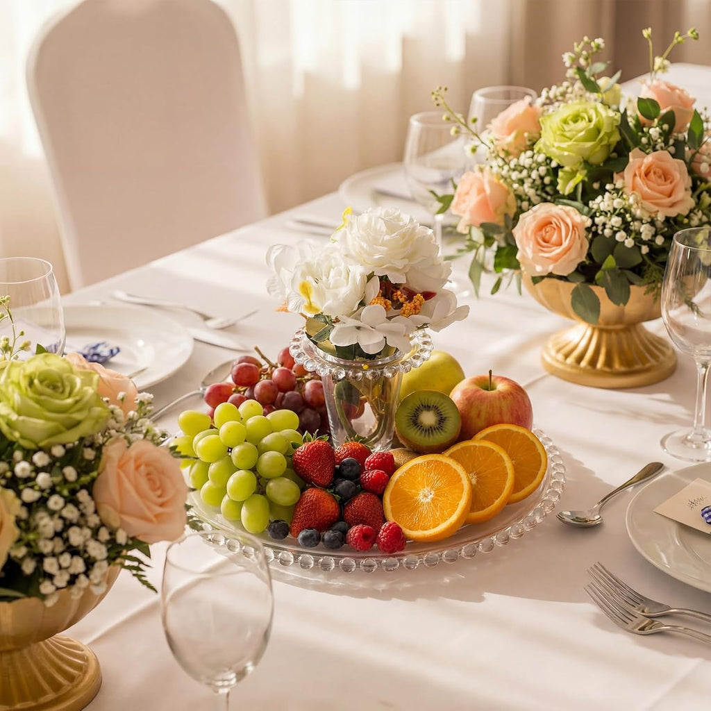 2-in-1 Glass Fruit Flower Vase 12.2 Inch Cupcake Stand Clear Pedestal Vase with White Bouquet Reversible Decorative