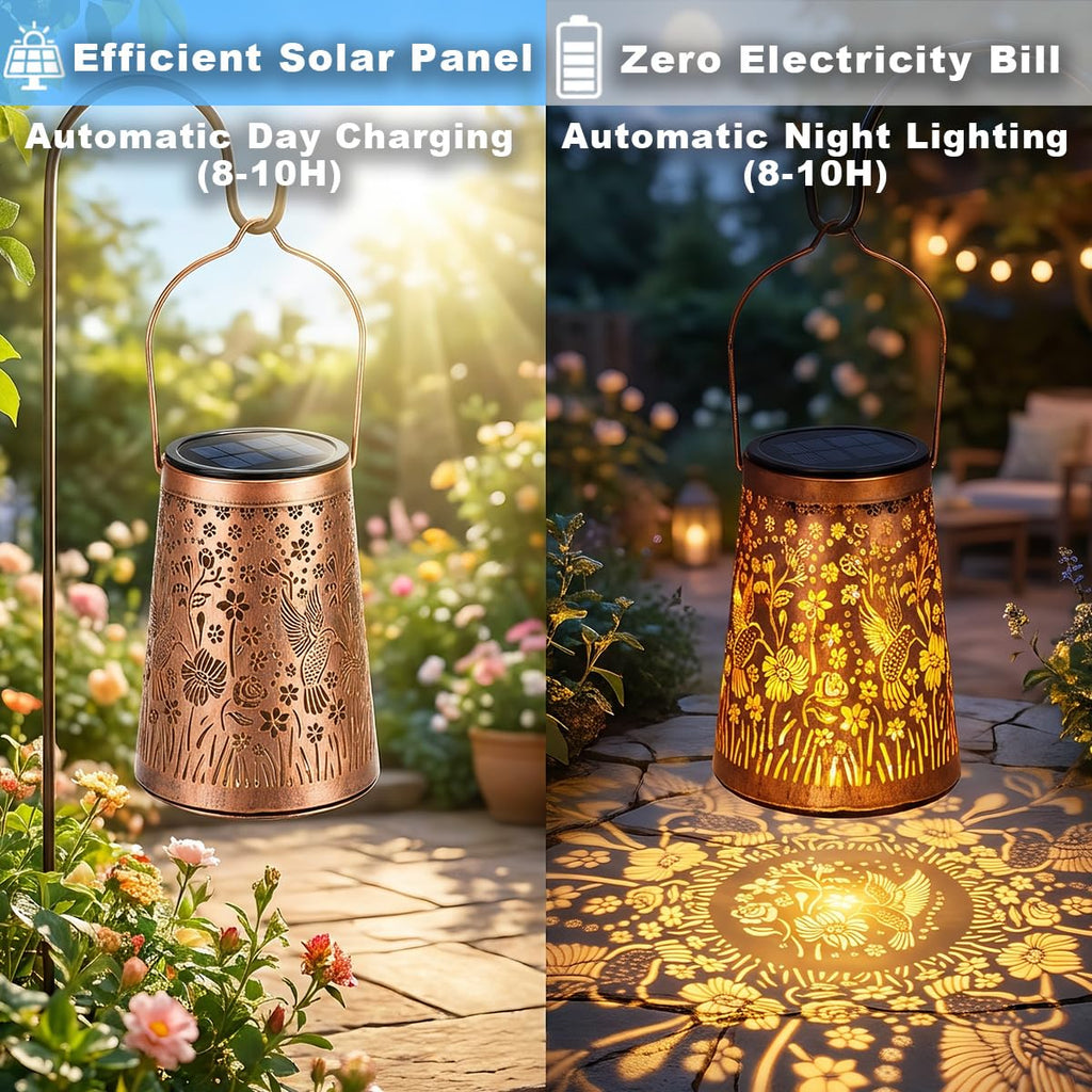 Hummingbird Solar Lanterns, Hanging Garden Lights, 4 Pack, Copper