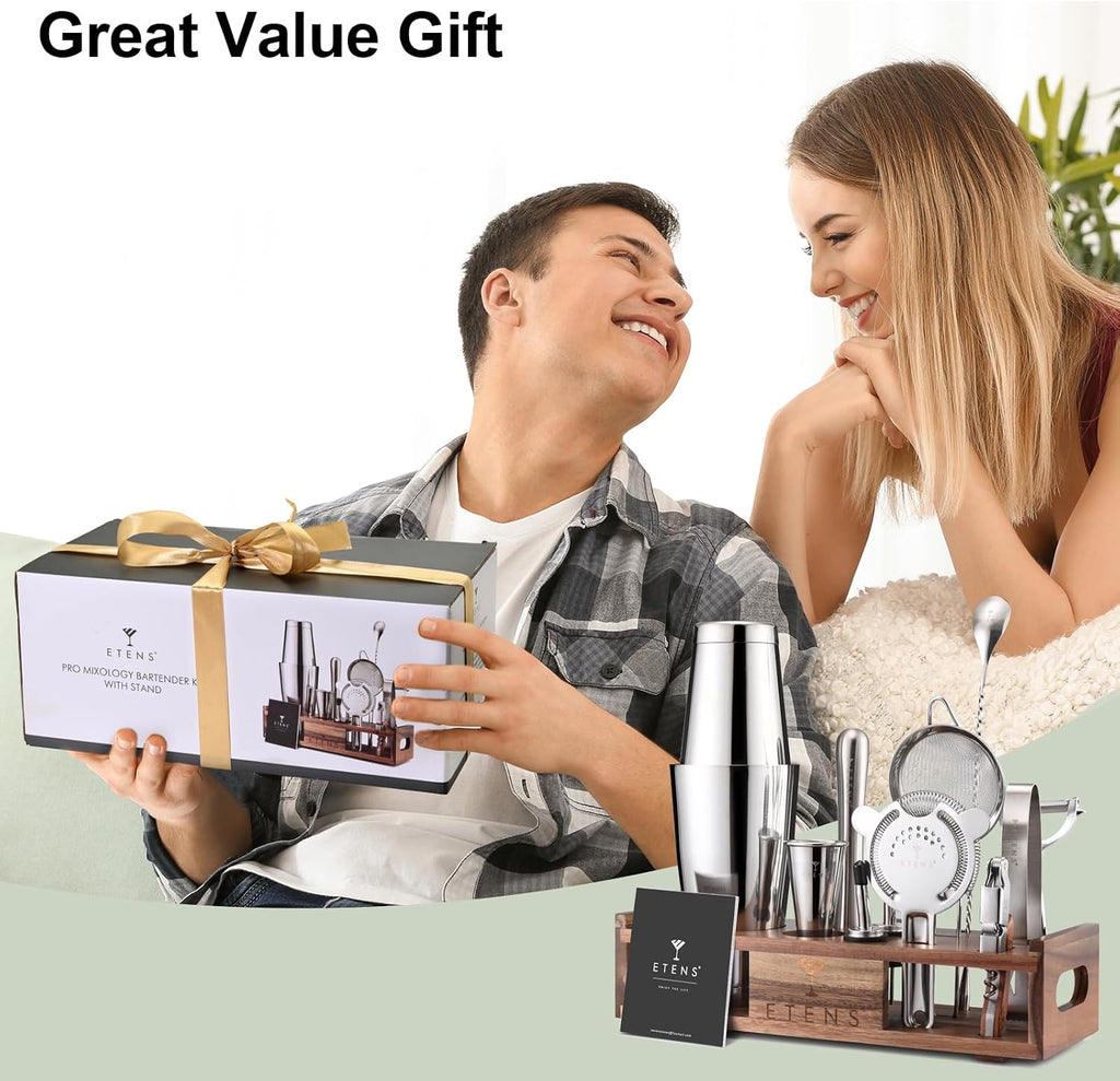 Premium 15-Piece Mixology Bartender Kit - Stainless Steel Cocktail Shaker Set with Wooden Stand | Professional Boston - Set of 15