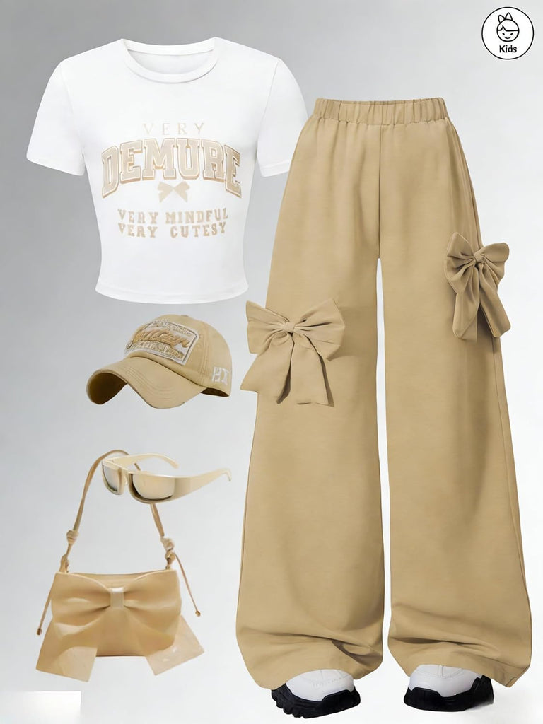 2 Pieces Outfits Graphic Letter Print Crop Top & Bow Wide-Leg Pants Girl Clothes Set