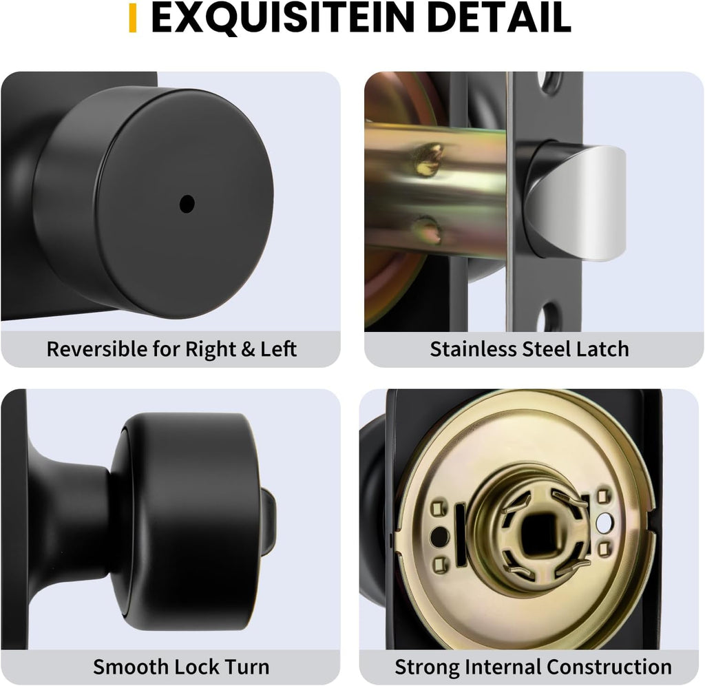 Matte Black Door Knobs Interior, Privacy Bedroom Door Knob with Lock, Black Interior Door Knobs Bathroom 6 Pack