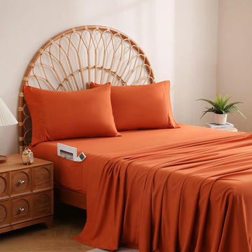 Orange King Sheet Set with Side Storage Pocket, 4 Piece Soft Microfiber Bed Sheets Deep Pocket Corner Straps