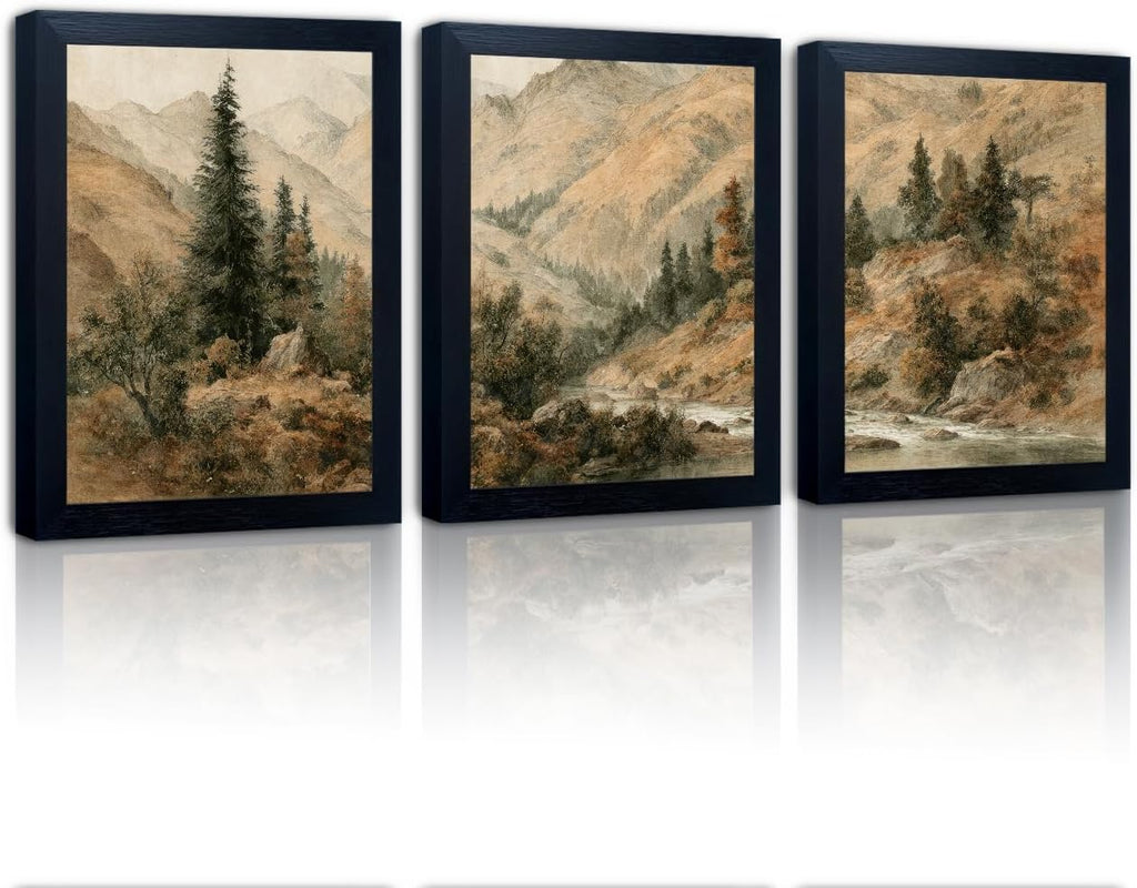 Framed Landscape Mountain Painting Autumn Forest Wall Art 3 Piece Nature Canvas Print Vintage Fall Picture Artwork