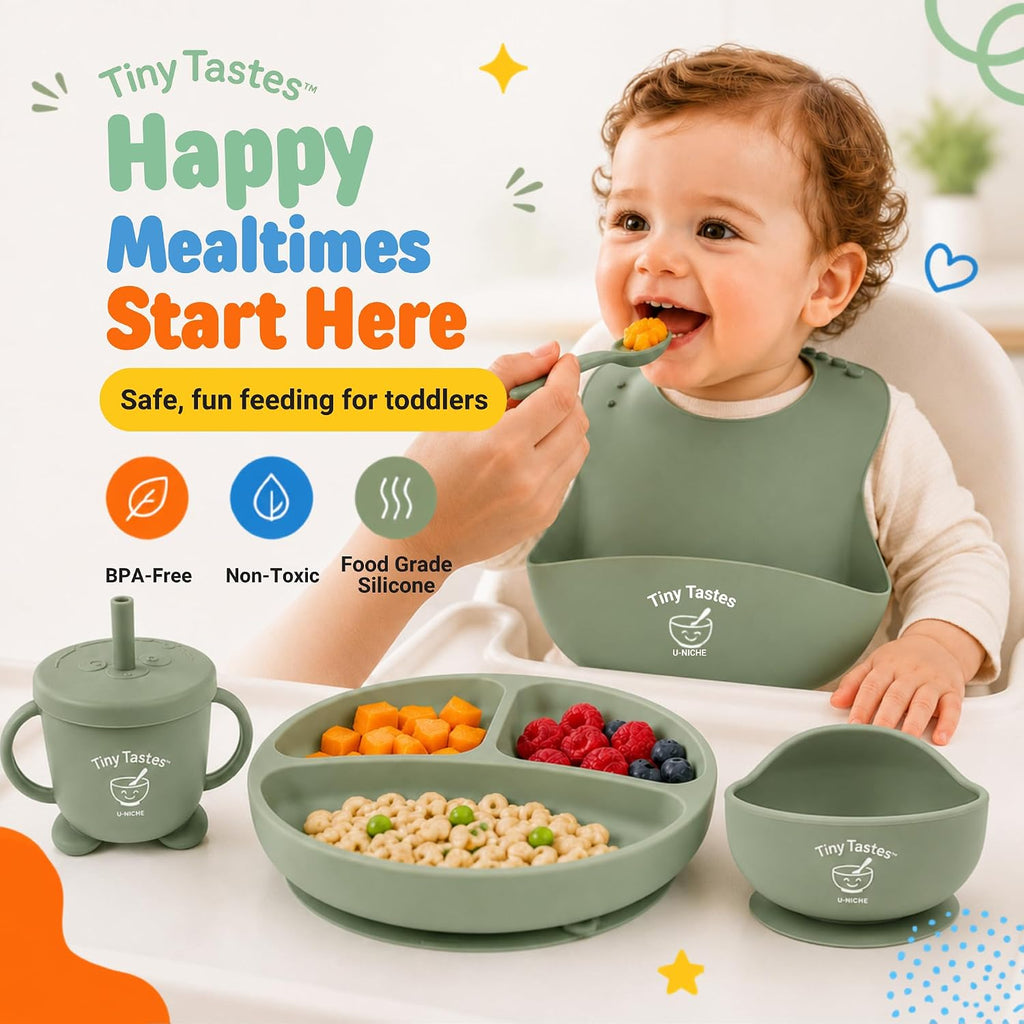 Piece Silicone Baby Feeding Set - Baby Led Weaning Supplies with Suction Plate & Bowl, Adjustable Bib, Snack Cup