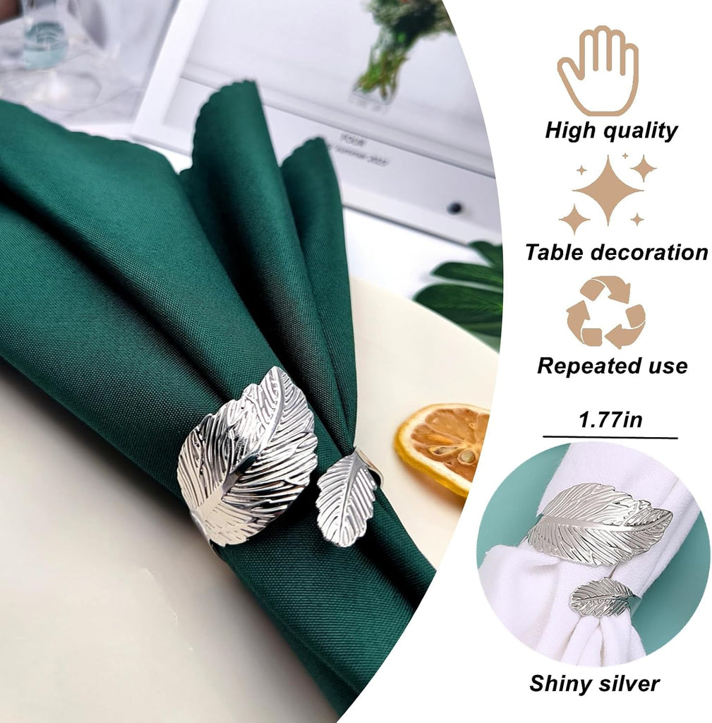 Silver Napkin Rings,Shiny Metal Leaf Napkin Ring Silver Napkin Holder for Table Setting Decor,Stylish Rings - Set of 12