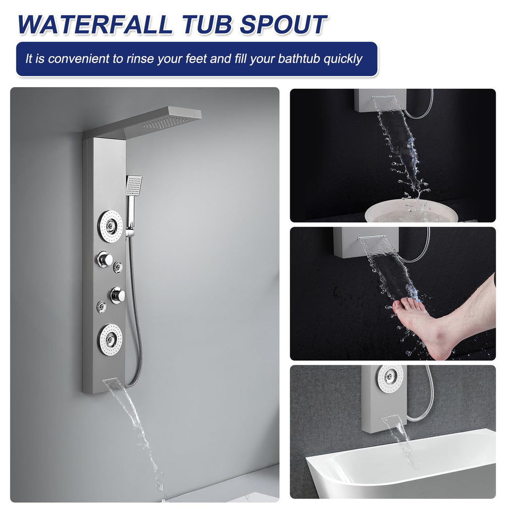 5 in 1 Rainfall Shower Panel Tower with Tub Spout, Brushed Finish