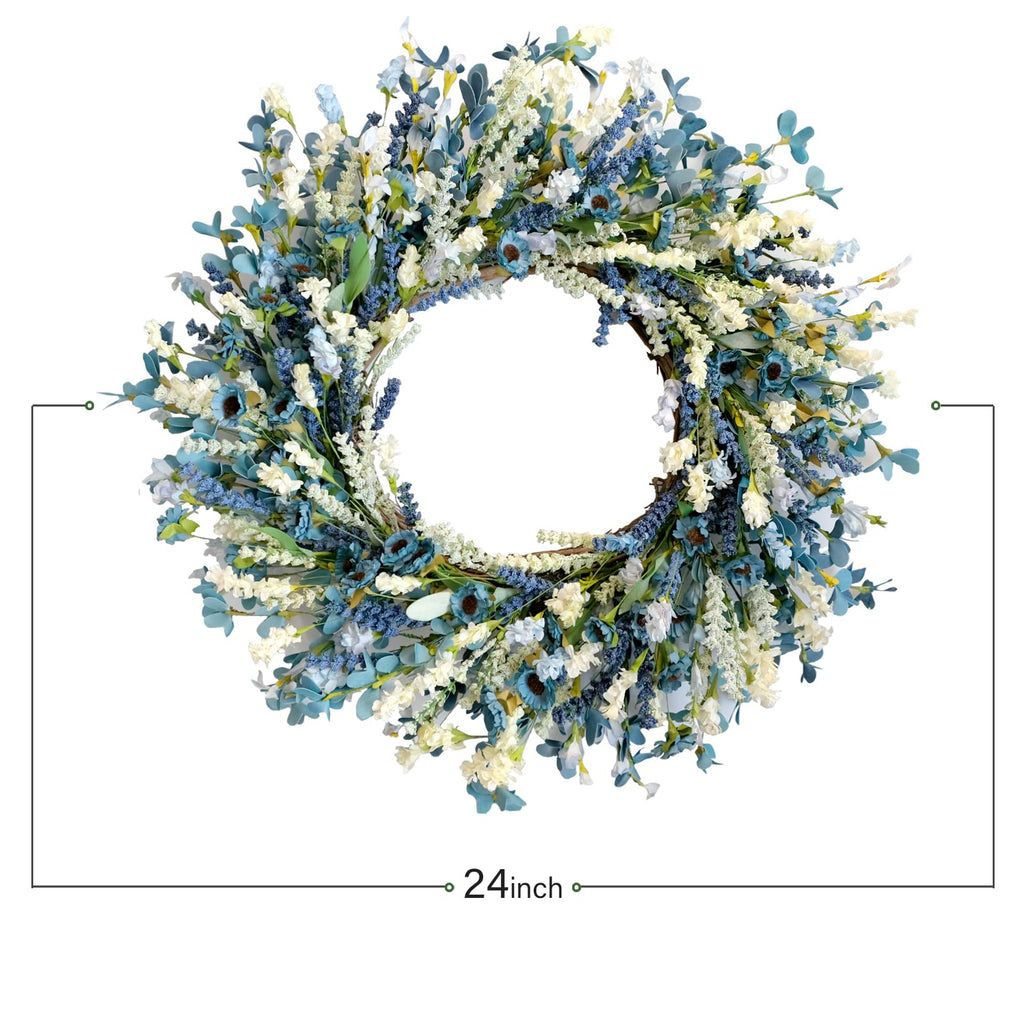 26 Inch Summer Spring Blue Ivory Lavender Flower Wreath for Front Door, Rustic and Farmhouse Wild Flowers Wreath for