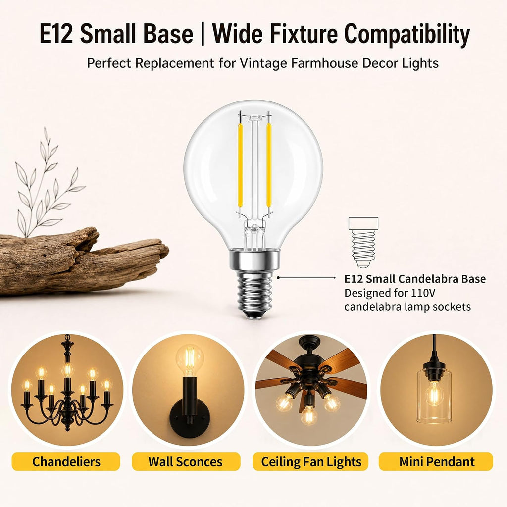 G16.5 LED Bulbs E12 Candelabra Light Bulb 2W,2700K Warm White,Free-Filcker