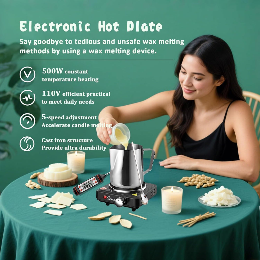 Soy Candle Making Kit for Adults & Hot Plate, DIY Starter Supplies | Includes Glass Jars, Tins, Scents, Soy Wax, 3D