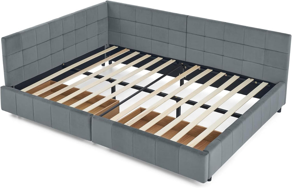 Queen Size Corner Bed Frame with Storage Drawers Comfortable Backrest
