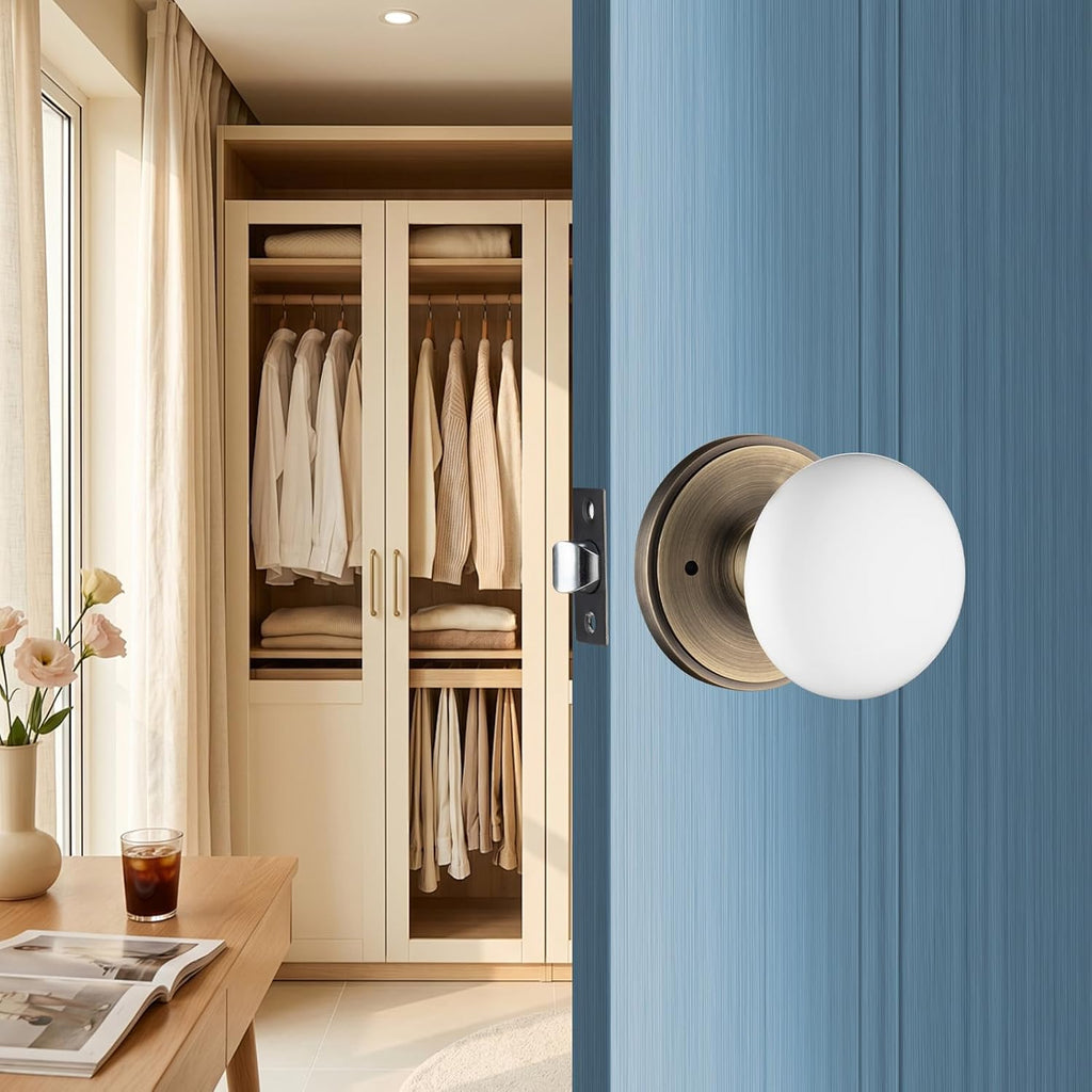 White Door Knobs, Porcelain Round Door Handle with Antique Brass Plate