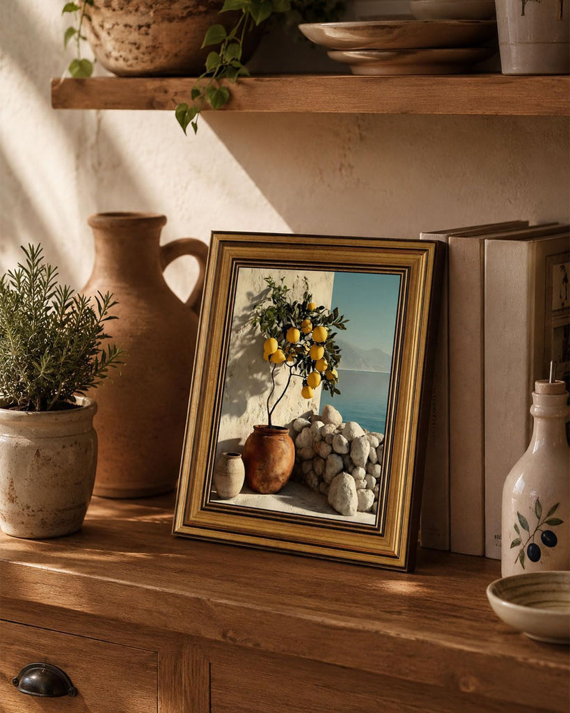 Gold Framed Wall Art, Vintage Mediterranean Lemon Tree Canvas Prints, Coastal Summer Picture Wall Decor, Rustic