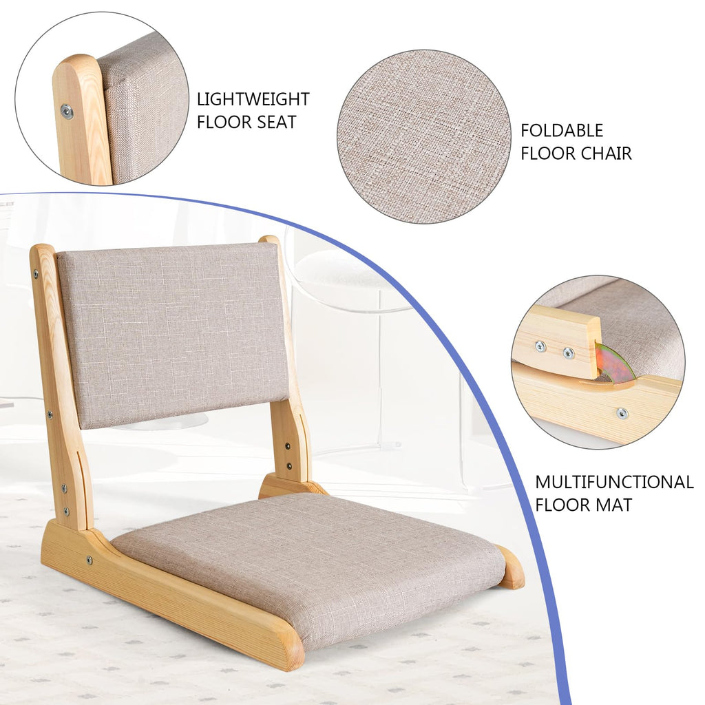 Japanese Floor Chair with Back Support, Foldable Meditation Chair, Legless Tatami Chair with Cushion, Floor Seat