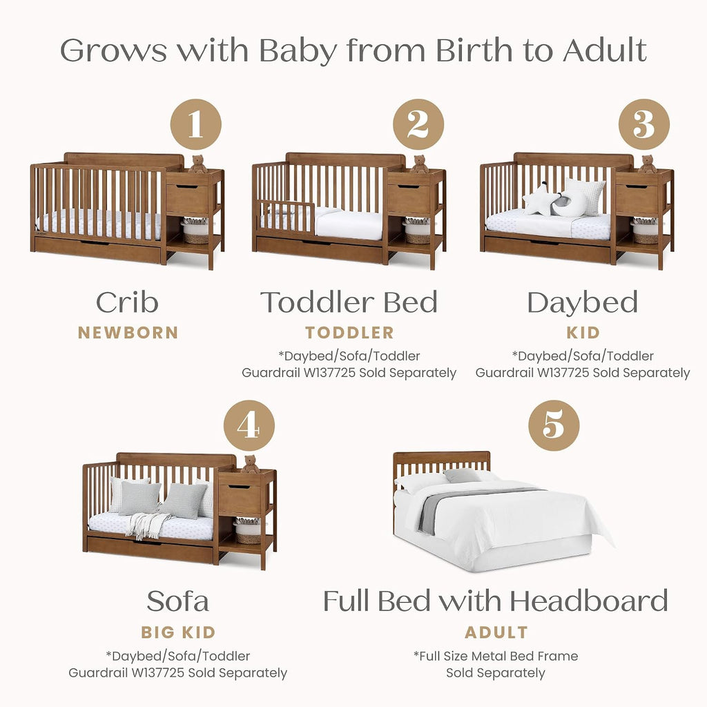 Maya 5-in-1 Convertible Crib and Changer with Storage, Converts to Toddler Bed, Daybed, Sofa & Full Bed, Greenguard