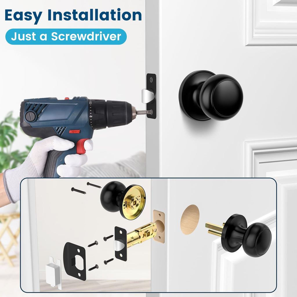 Passage Door Knobs, 5 Pack Matte Black Door Knobs, Hallway Closet Non-Locking Interior Doorknobs, Round Door Handles