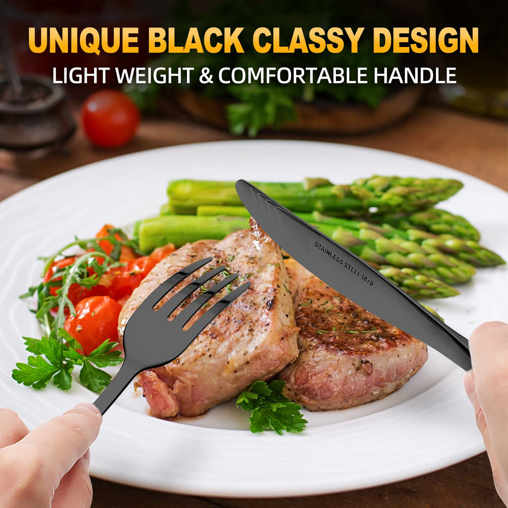 24 Piece Silverware Set for 4 With Steak Knives, Stainless Steel Black Flatware, Utensils, Tableware Cutlery , Hand