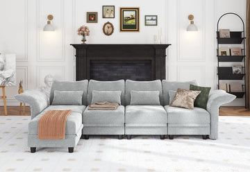L Shaped Sectional Sofa, 5-Seater Grey Chenille Modular Couch