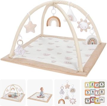Washable Tummy Time Mat, Baby Play Gym with 6 Featured Toys and 12 Milestone Cards, Baby Gym for Infant & Toddler