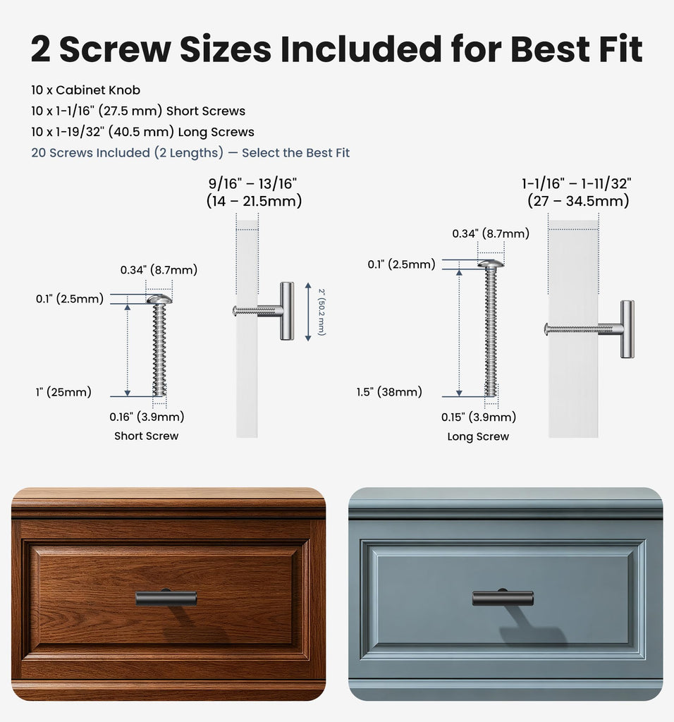 Cabinet Knobs 10 Pack, 2 Inch T-Bar Kitchen Pulls, Matte Black