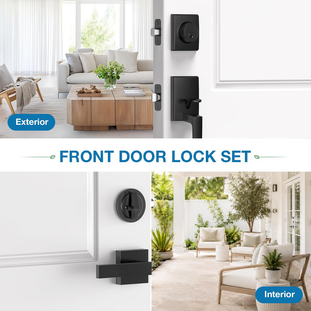 Black Front Door Lock Set for Modern Home Entryway, Apartment