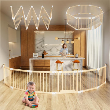 Baby Playpen with Wall connectors, Playpen for Babies and Toddlers, Foldable Wooden Play Yard, Adjustable Baby