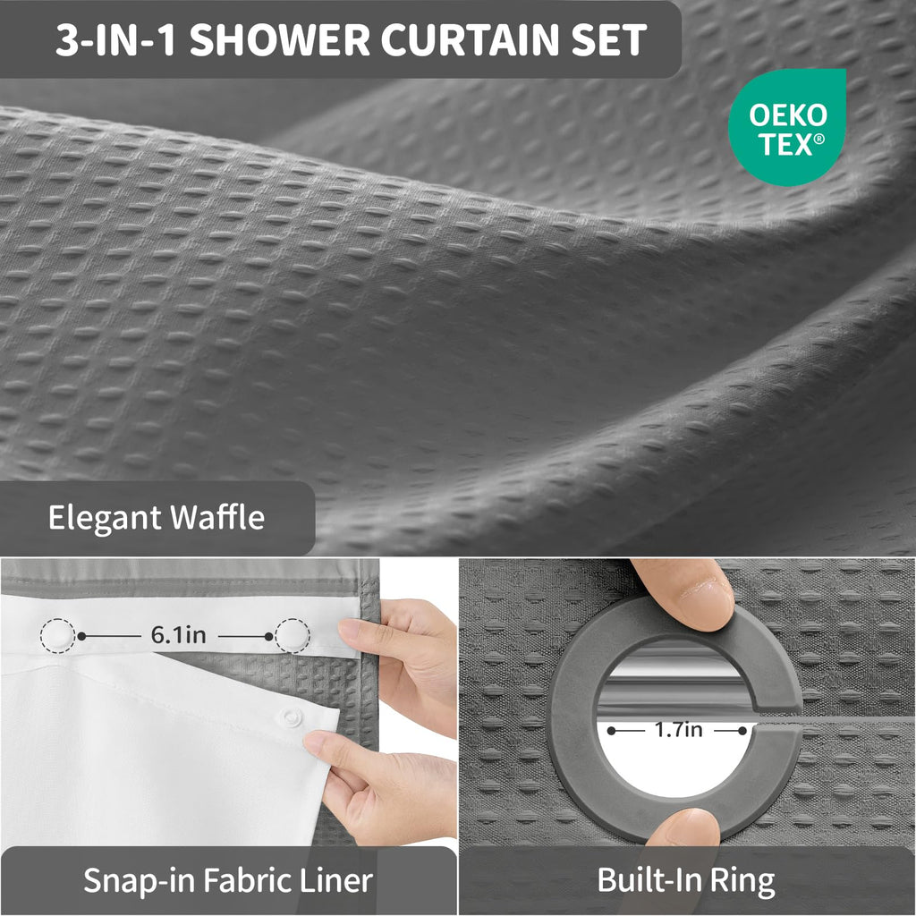 Ringless Waffle Weave Fabric Shower Curtain Set, Grey, 72"x75"