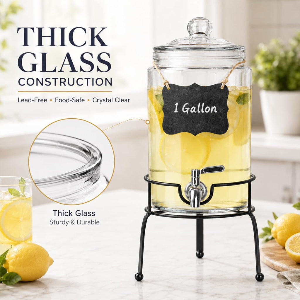 1 Gallon Beverage Dispenser 1 Pack, Stainless Steel Spigot Drink Dispenser for Parties with Stand, Clear Glass Drink