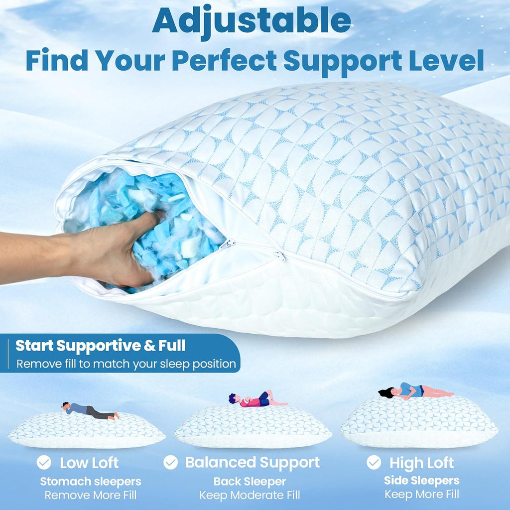 Firm Pillow Shredded Memory Foam, Cooling Pillow for Hot Sleeper, Adjustable Bed Pillow for Side Back Stomach