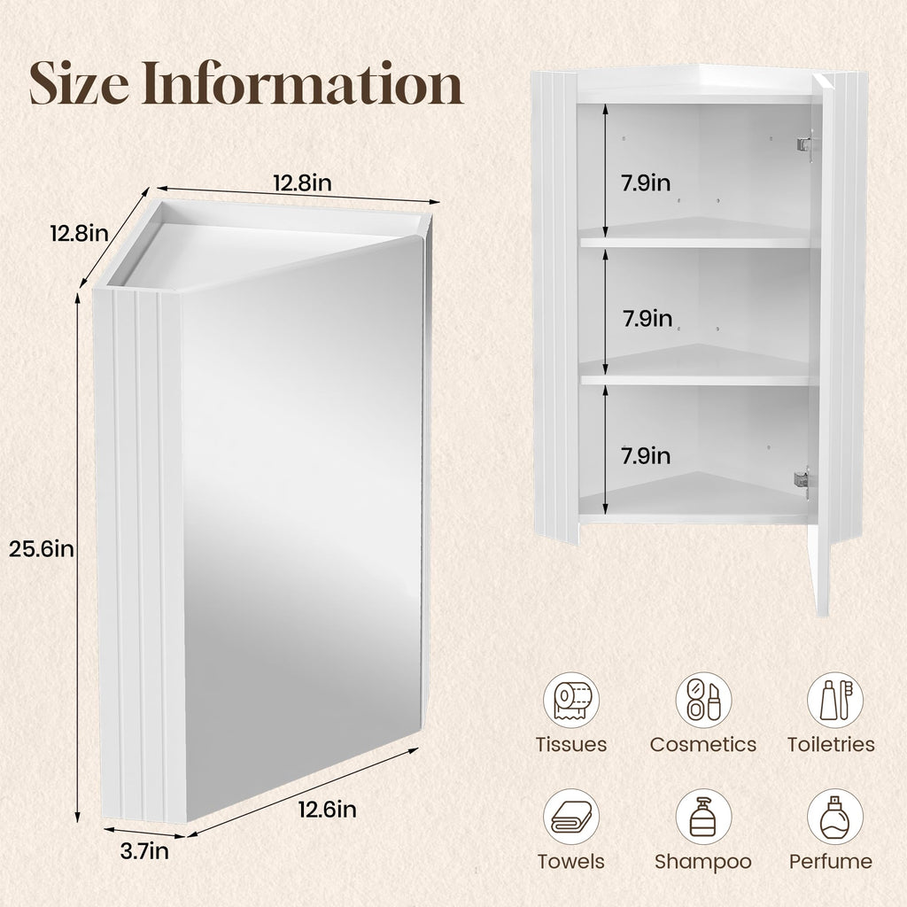 Corner Bathroom Mirror Cabinet, White
