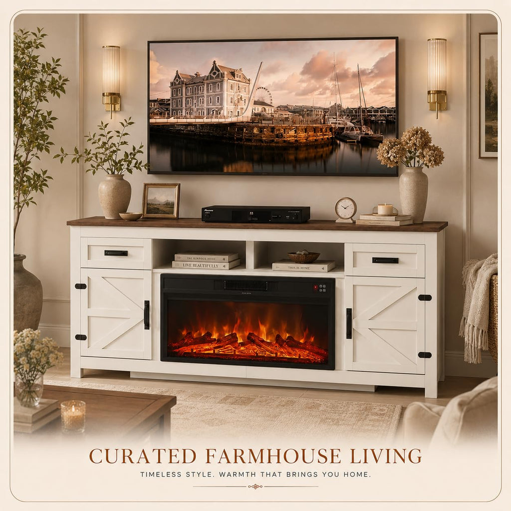 Farmhouse Fireplace TV Stand with Barn Door, 80 inch, White