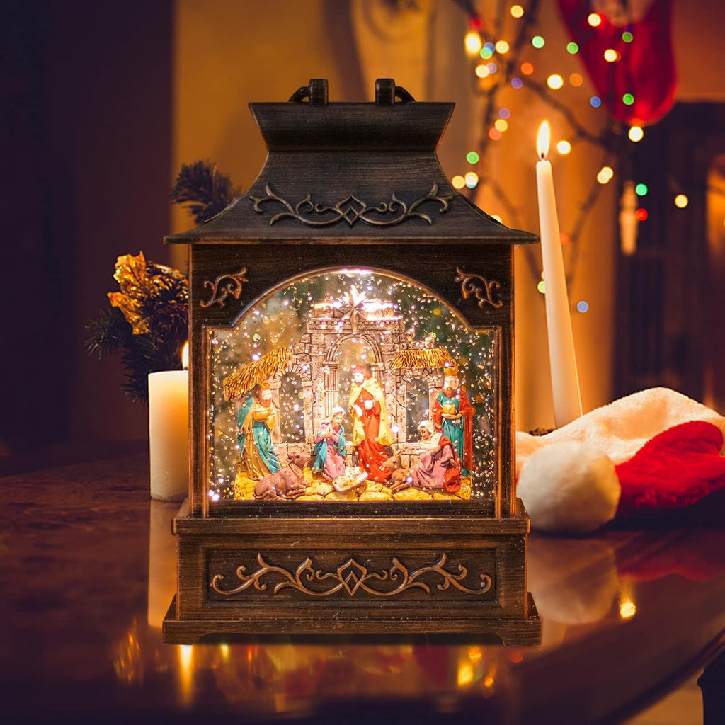 Christmas Nativity Snow Globe Lantern Musical Swirling Glitter Light