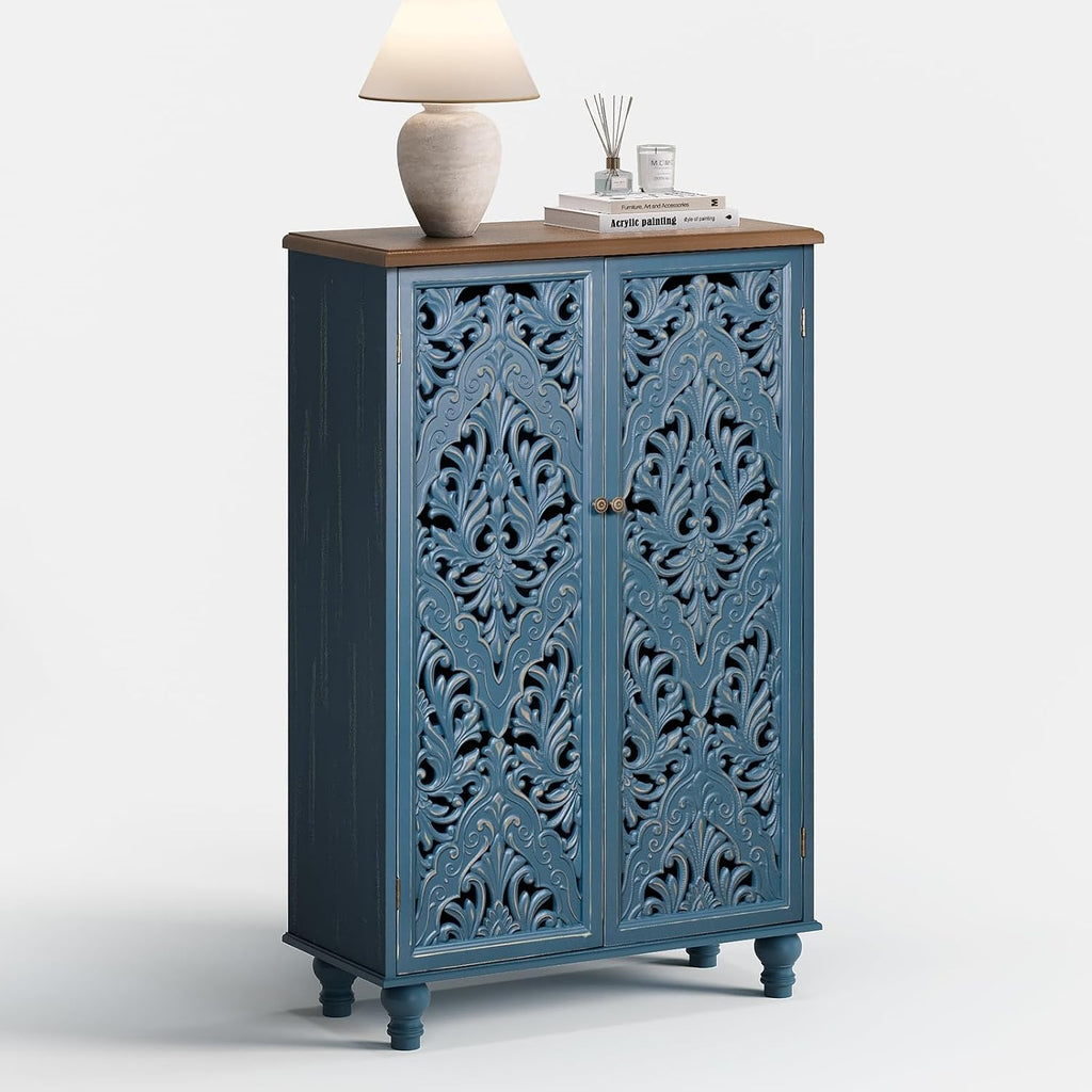 47" Tall Accent Cabinet with Doors & Storage ,Blue | Carved Solid Wood Legs, Decorative Cabinet for Dinning
