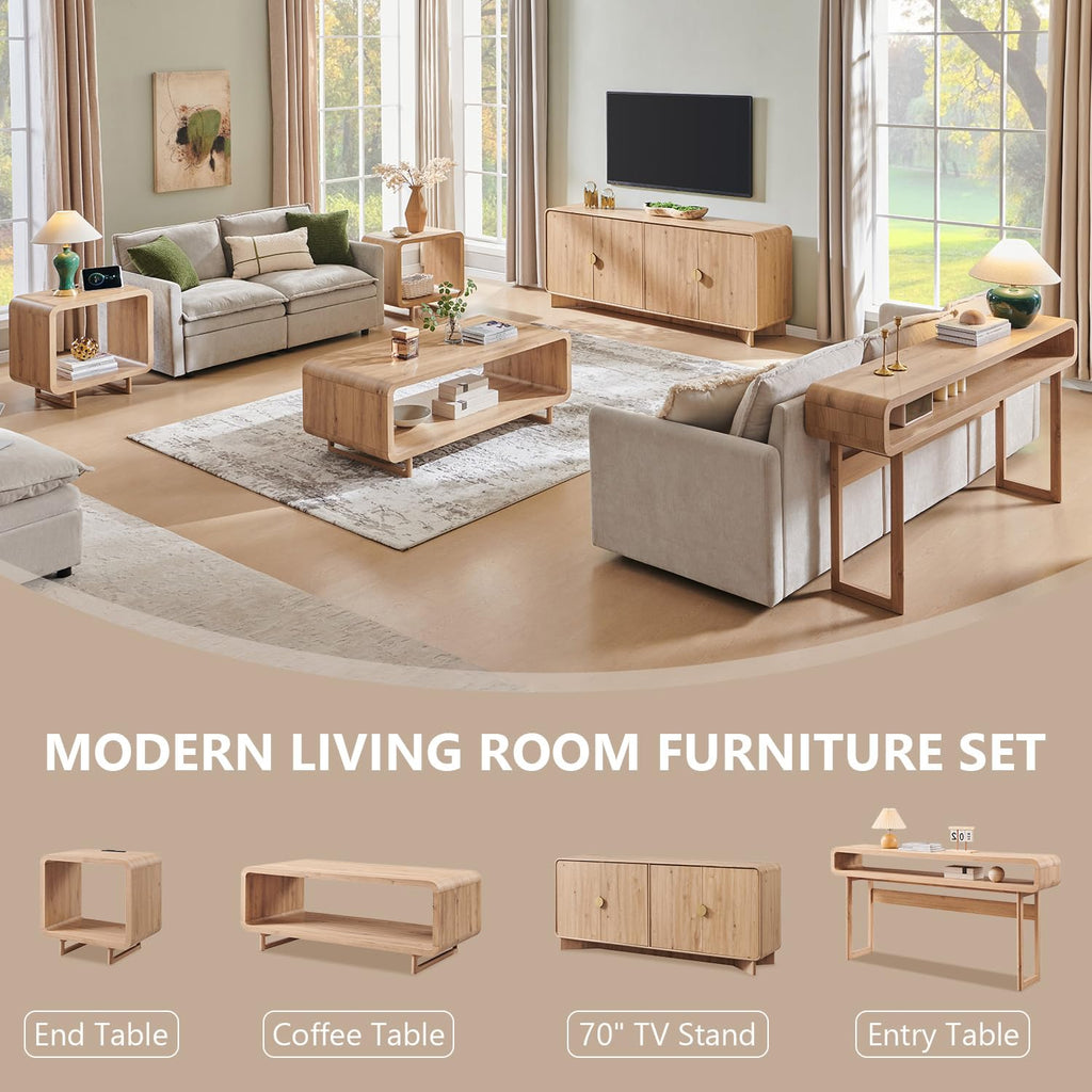 48" Modern Coffee Table, 2-Tier Curved Center Table, Natural Oak