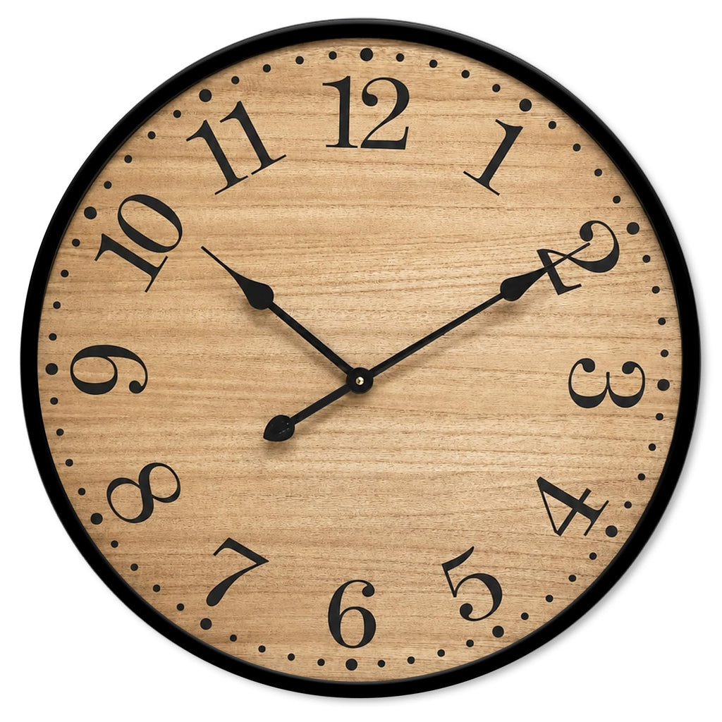 30 Inch Rustic Farmhouse Wall Clock, Large Silent Wooden Wall Clock with Natural Wood Grain Face & Black Metal Frame