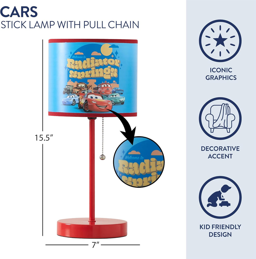 Table Lamp for Kids, Stick Lamp with Printed Shade & Pull Chain, Bedroom or Nursery Nightstand Lighting,Cars